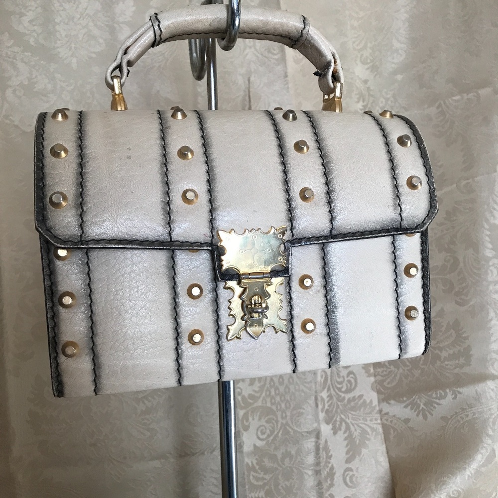 Beige Mini Brass Studdedsatchel handbag By Coblent